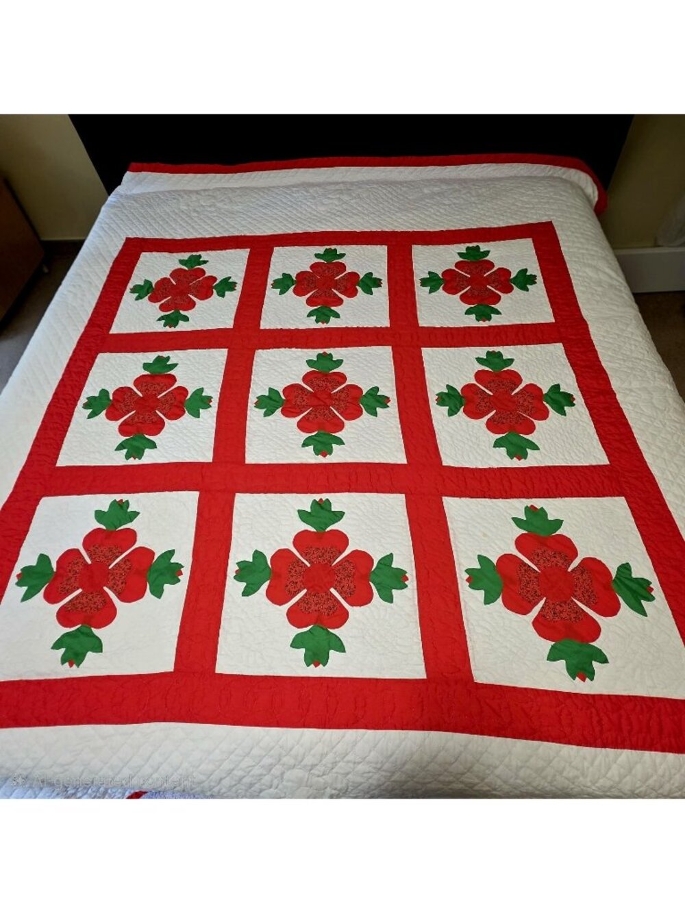 Vintage Handmade Applique Quilt Queen Red Hand Quilted Floral Folk Art Cottage